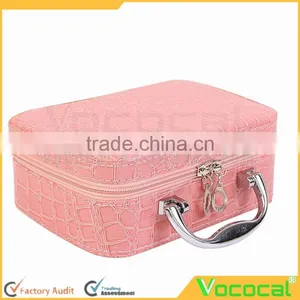 PU Leather Cosmetic Makeup Box Case Toiletry Organizer Storage Handbag With Mirror Crocodile Pattern Pink thumbnail-1