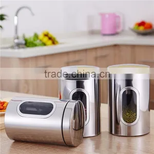 3pcs Round Stainless Steel Tea Coffee Sugar Canisters With Transparent Window thumbnail-3