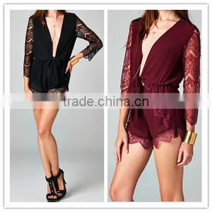 2015 New Stylish Sexy Ladies Deep V Neck Open Front Romper Playsuit Lace Sleeve Short Jumpsuit thumbnail-1