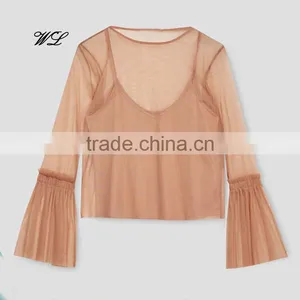 Wholesale Woman Fashion Ruffle Flounced Sleeve Soft Mesh Lady Tops thumbnail-1