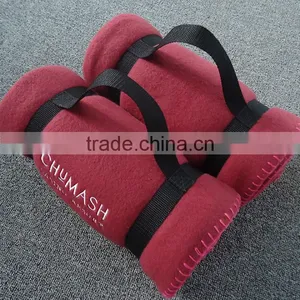 Wine Color Embroidery Logo Roll up With PP Handle Polar Fleece Travel Blanket thumbnail-1