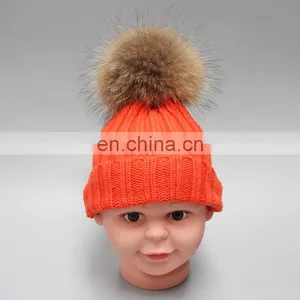 Top Grade Red Child Pompom Hats for Kids With 15cm Large Raccoon Fur Ball thumbnail-2
