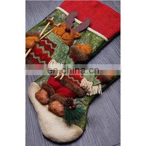 43CM Large 3D Green and Red High Quality Home Decoration Gift Christmas Stockings With Christmas Grass - Reindeer thumbnail-3