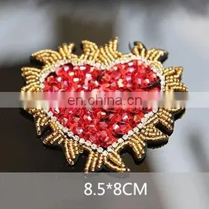 2017 New Handmade Beaded Patch Sew On Fire Heart Rhinestones Patches thumbnail-5