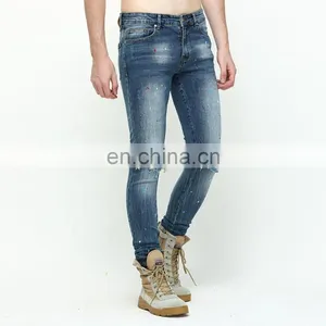 DiZNEW Wholesale Fashion Ripped Denim Pants Custom Printed Blue Ripped Casual Jeans thumbnail-1