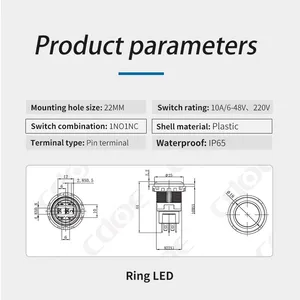 Ip65 22mm Flat and Ring Illumination Head 48v SPST Red Green Blue pc Momentary Switch thumbnail-3
