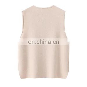 Inner Mongolia Erdos Casual Crew Neck Button Vest for Women Knitted Woolen Cashmere Tops With Embroidered Logo Outer Wear thumbnail-2
