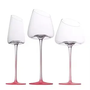 Pink Hand-made Oblique Cut Wine Goblet Slant Rim Champagne Glass For Birthday Wedding Party thumbnail-1