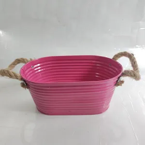 Pink Oval Metal Planter Bucket With Rope Handles, Ribbed Galvanized Metal Storage Basket For Home Garden Decor thumbnail-1