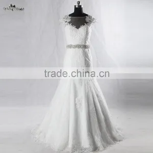 RSW928 Cap Sleeves Illusion Neckline See Through Back Lace Wedding Dresses Mermaid With Detachable Train thumbnail-1
