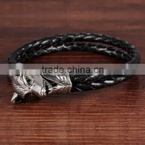 Men Stainless Steel Wolf Bracelet , Braided Black Leather Bracelet thumbnail-3