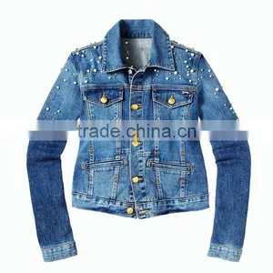 Trendy Washed Jeans Jacket Long Sleeve Shoulder Beaded Denim Jacket thumbnail-2