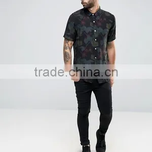 Guangzhou High Quality Custom Short Sleeve Point Collar Mens 100% Cotton Dobby Casual Printed Pattern Shirts thumbnail-4
