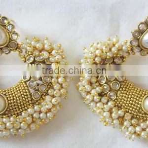 White Pearl Beads Polki Gold Tone Dangler EARRINGS thumbnail-1