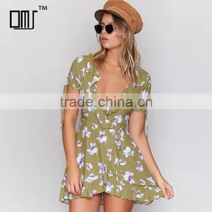 Wrap Over Short Sleeved Sexy Women Dresses Ladies Tie Cuff Floral Casual Dress thumbnail-1