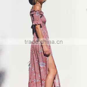 Lady's Smocked Dress With Slit off the Shoulder Floral Long Maxi Dresses thumbnail-3
