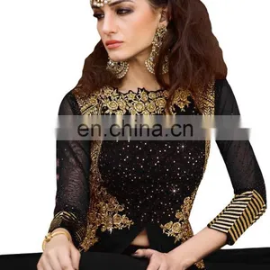 Stylish Women's Black Color Party Wear Anarkali Suits With Flairs Dress Material 2017 (Semi-Stitched) thumbnail-2