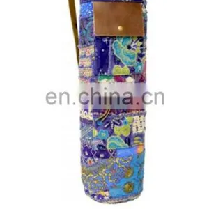 LEATHER Cross Body Yoga Bag Purse Banjara Style Yoga Bag Yoga Met Bag Ethnic Hand Embroidered Vintage INDIAN Kantha YOGA Mat Bag thumbnail-6