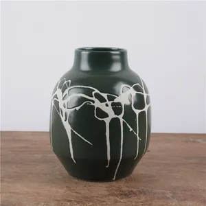 Dark Green Hand Carve Irregular Line Creative Ceramic Flower Vase Pot For Plant Decor thumbnail-2