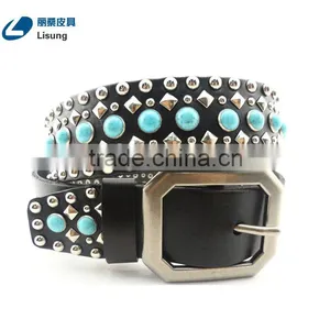 Lady Genuine Leather Turquoise Rhinestone Dress Strap Belt thumbnail-1