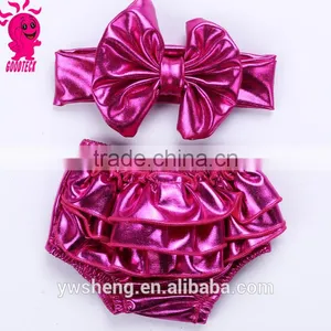 Infant Baby Solid Gold Metallic Bloomer Shorts Ruffle Girls Bloomer With Headband Set thumbnail-2