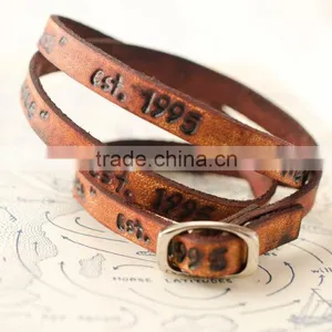 Engraved Leather Wrap Bracelet, Custom Logo Hand-stamped Leather Bracelet, Adjustable Long Leather Wrap Bracelet thumbnail-1