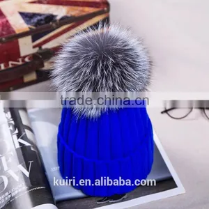 Hot Winter Colorful Snow Caps Wool Knitted Beanie Hat With Real Sliver Fox Fur Pom Poms For Women Men Hip Hop Skullies Cap thumbnail-1