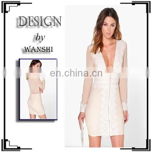 2016 New Fashion Summer Clothes Lace Trim Zip Front Bodycon Dress thumbnail-1