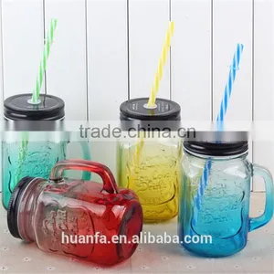 Hot Selling Products of Glass Drink Pump Lid 480ml Colorful Glass Mason Jar With Handles Wholesale thumbnail-5
