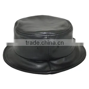 Short Brim Designer Wholesale Black Leather Blank Bucket Hat thumbnail-1