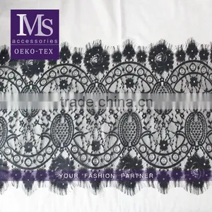 Good Price 44cm Width Polyester Floral Eyelash Black Lace Trim for Sale thumbnail-1