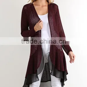 Stylish Girls Women Fashion Burgundy Layered Open Cardigan With Ruffle Hem Polyester Rayon Spandex Cardigan Wholesale thumbnail-2
