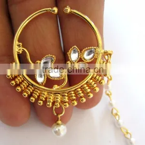 HOOP NATH Press NOSE RING GOLD PLATED KUNDAN RED GREEN thumbnail-2