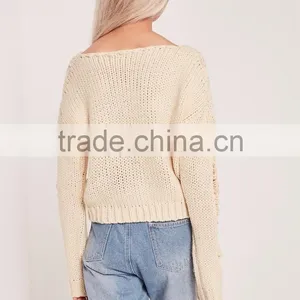 Plain White Ladies Sweater Knitwear Pullover Drop Shoulder Ladder Shoulder Distressed Crop Jumper Women thumbnail-3