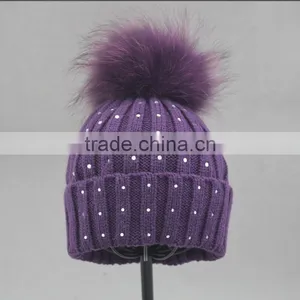 Myfur Fashion Style Diamond Ladies Wool Knitted Beanie Hat With Real Raccoon Fur Pom Pom thumbnail-1