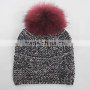Myfur Multi-Color New Striped Pattern Wool Acrylic Knitting Hat With Real Raccoon Fur Pom Poms thumbnail-3