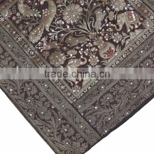 Zari Cushion Cover - Brown Peacock Elephant Sari Decorative Sequin Pillow 16" thumbnail-3