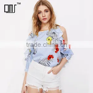 Frill Design Cold Shoulder Blue Stripe Top Ladies Floral Casual Blouse thumbnail-1