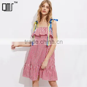 Cute Ruffled Hem Self Tie Dress, Ladies Red Cotton Sleeveless Dress thumbnail-1