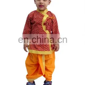 Rajasthani Indian Dabu Print Dhoti Kurta, Boy's Traditional Angrakha Set, Dhoti Suit, Kids Baby Wear, Ethnic Dress thumbnail-1