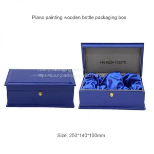 Luxury Piano Painted Single Bottle Packaging Box Glossy Wooden Wine Gift Box Perfume Bottle Box With Custom Logo Blue thumbnail-1