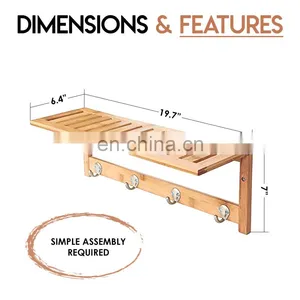 Bamboo Bathroom Shelf Wall Mounted Storage Organizer Towel Shelves Kitchen Living Room With 4 Stainless Steel Hooks thumbnail-5