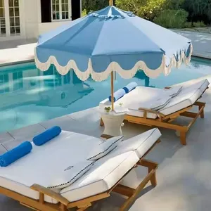 Customized Logo 7FT Luxury Tassel Fringe Beach Umbrellas Wholesale Outdoor Patio Umbrella Aluminum Pole Tilt Mechanism Hand-cranked Model thumbnail-1