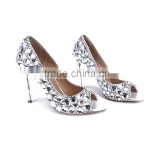 Stylish Open Toe Footwear Safety Metal Heels, Custom Low Heel Silver Crystal Wedding Shoes thumbnail-1