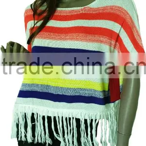 Soft Hand Feeling,polyester,stripe With Fringe,ladies' Pullover thumbnail-1