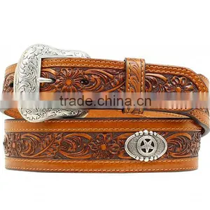 Western Men Floral Embossed Star Concho Leather Tooled Belt thumbnail-1