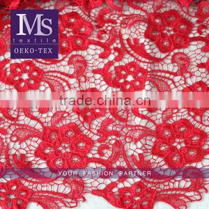 New Design Embroidered Pattern Red Polyester African Lace Fabrics for Dress thumbnail-1