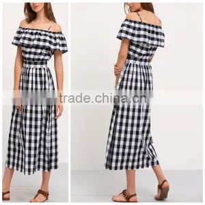 Woman Black and White Plaid Off The Shoulder Short Sleeve Summer Casual Dress thumbnail-1