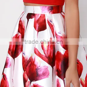 MGOO 2016 Imported OEM Services Red Color Ball Umbrella Skirts For Women Lily Flowers Print Skirt 15145B331 thumbnail-5