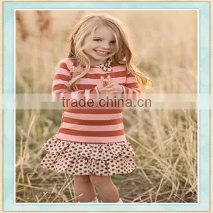2017 New Arrival Clothes Line Imported Brown Pink Stripes Top Dots Double Ruffle Skirt thumbnail-1